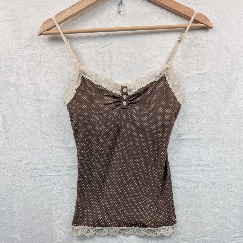 Aerie Camisole Women S Brown Polka Dot Lace Trim Shelf Bra Coquette Fairy Grunge